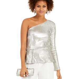 NWT INC International Concepts Silver One Sleeve Sequin Peplum Top Size XS